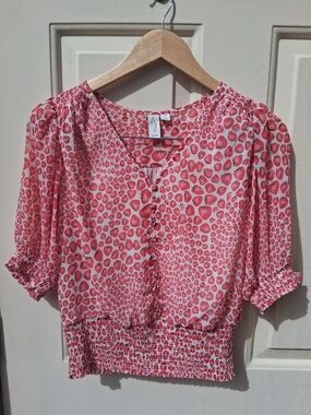 Joie Pink Red Printed V-Neck Puff Sleeve Top